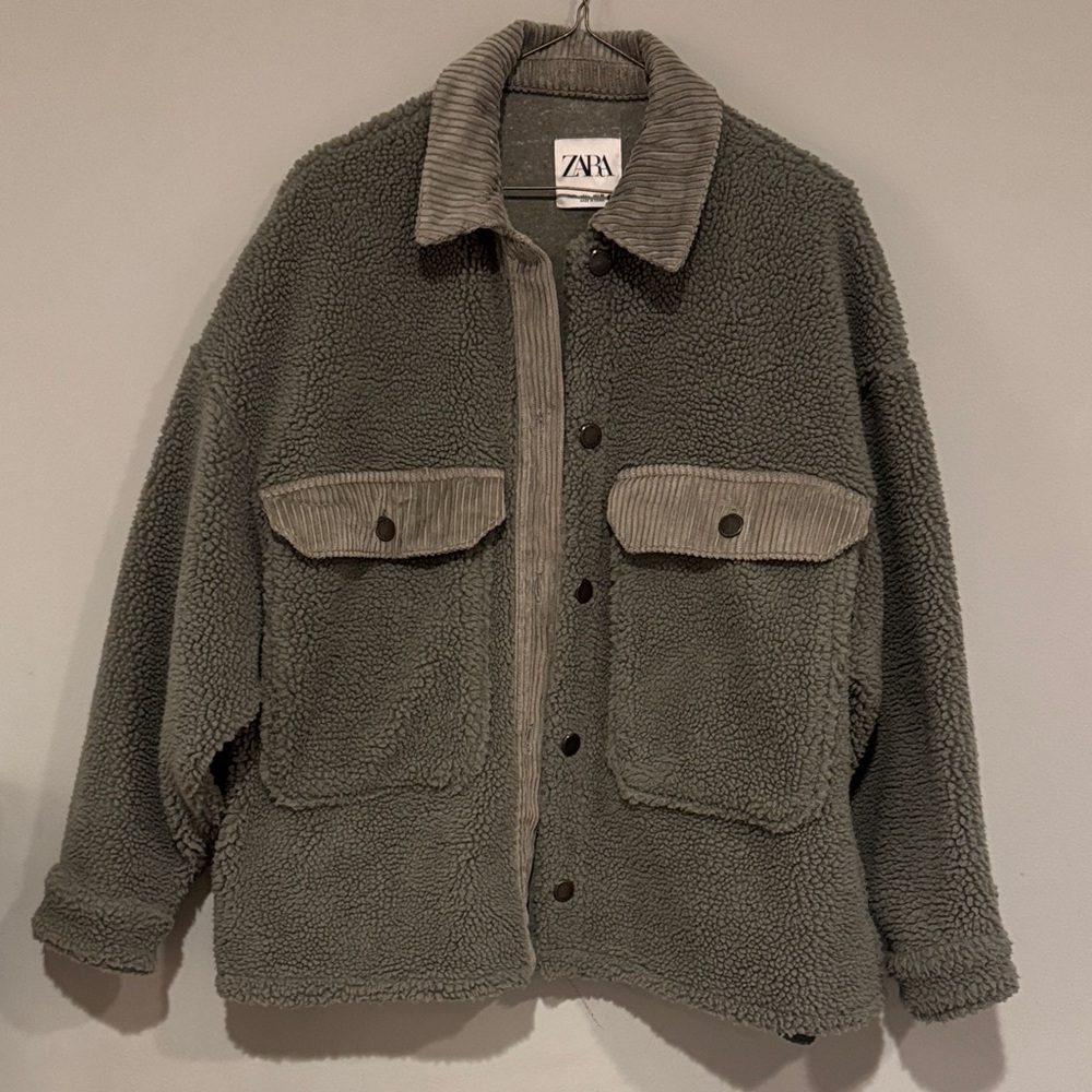 Zara Women's Olive Teddy Jacket with Corduroy Accents